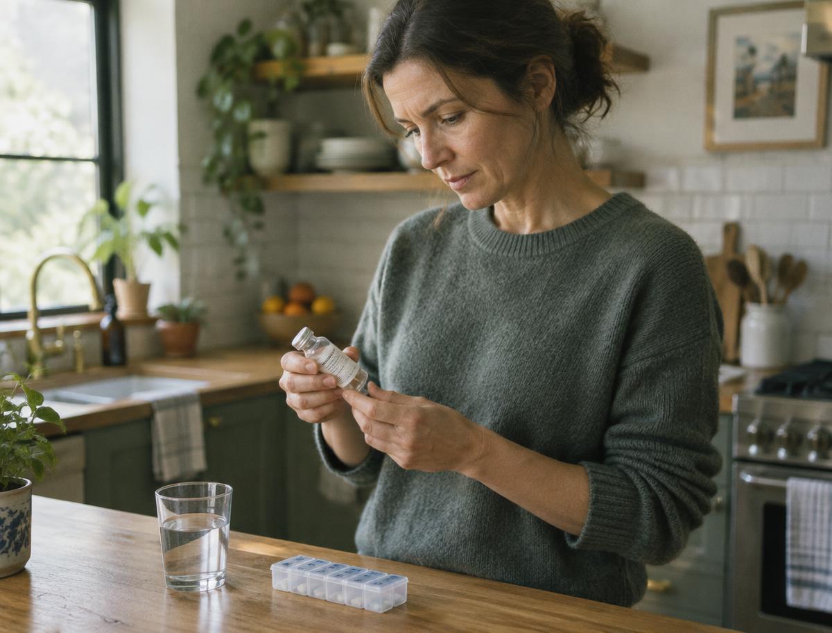 Patient at home in a kitchen reading the label on a prescription vial